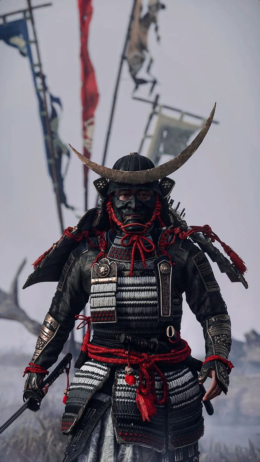 Ghost of Tsushima Samurai Warrior in Black Armor with Horned Helmet and Red Lacing HD phone wallpaper