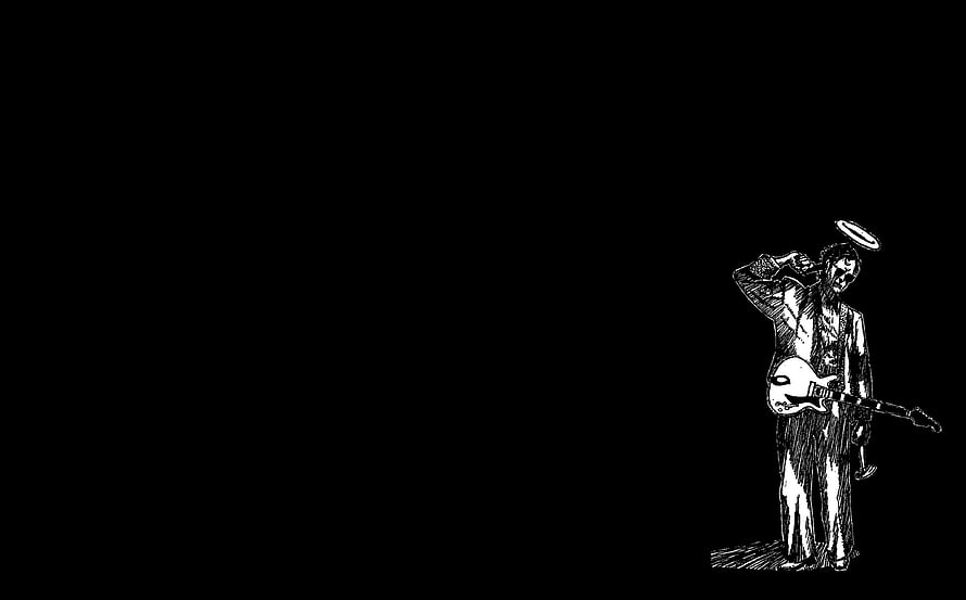 Monochrome Rock Musician Sketch with Electric Guitar and Halo on Black Background HD wallpaper