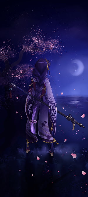 Raiden Shogun Genshin Impact Anime Character Under Moonlit Cherry Blossom Tree HD phone wallpaper