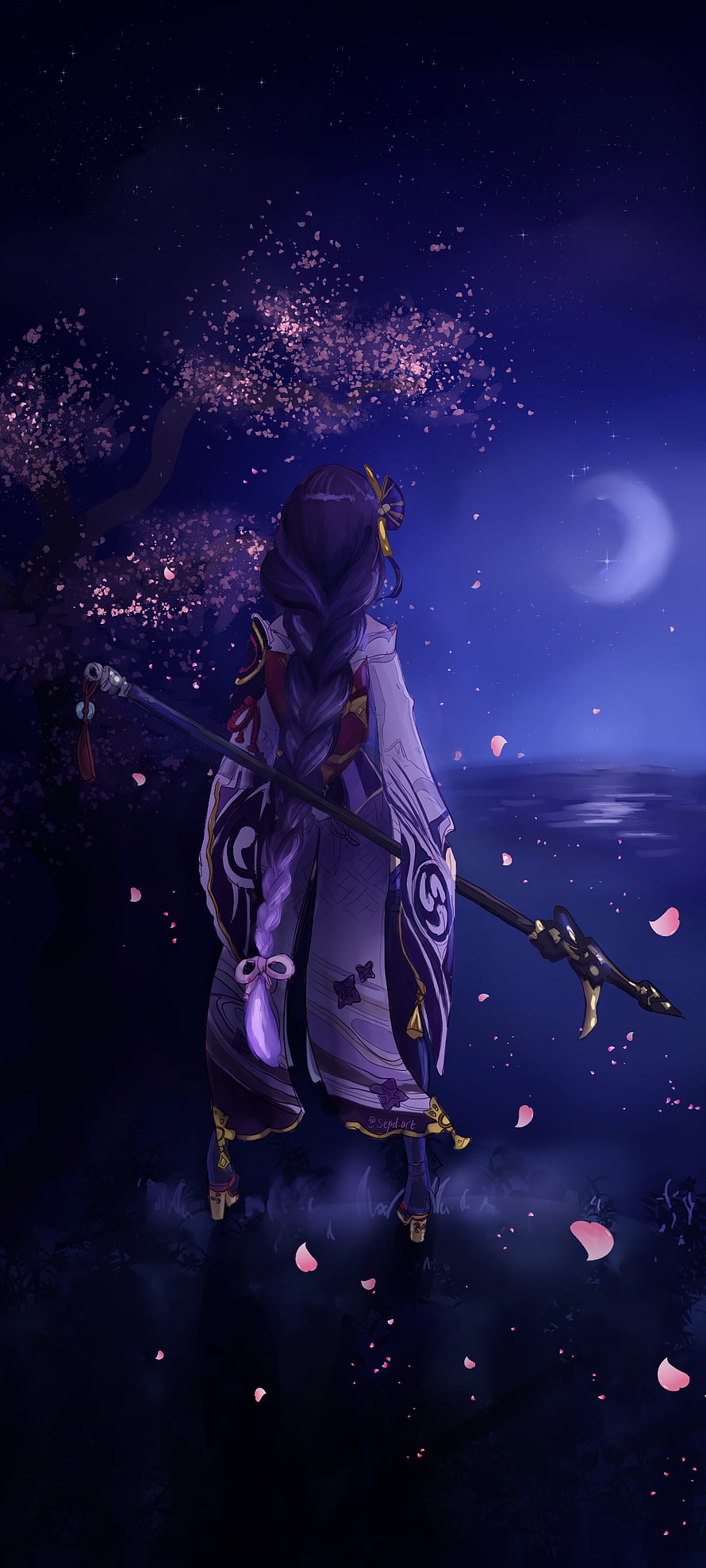 Raiden Shogun Genshin Impact Anime Character Under Moonlit Cherry Blossom Tree HD phone wallpaper