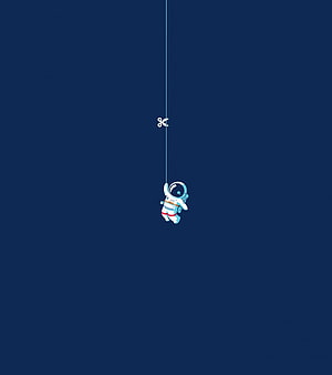 Minimalist Astronaut Hanging on a Thin Line Against Deep Blue Space Background HD phone wallpaper