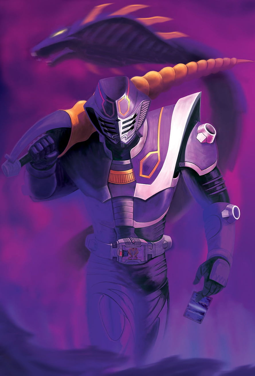 Kamen Rider Ouja in Purple Armor with Dragon Motif and Card Accessory HD phone wallpaper
