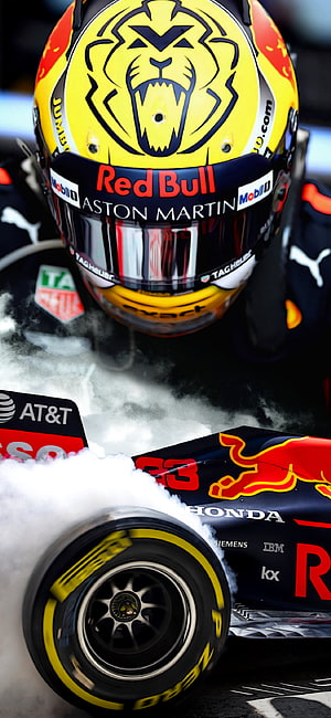 Max Verstappen Red Bull Racing F1 Helmet and Car Close-Up HD phone wallpaper