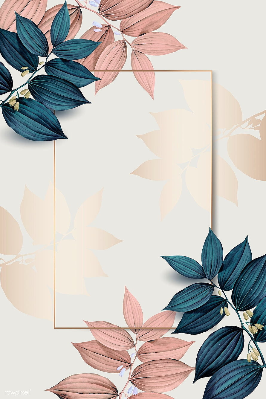 Elegant Botanical Frame with Pink and Teal Leaves on Cream Background HD phone wallpaper