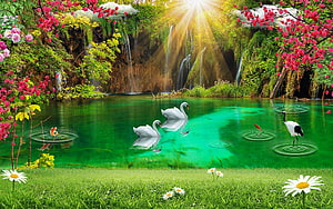 Serene Emerald Lake with Waterfall, Swans, and Sunbeams in a Lush Garden HD wallpaper