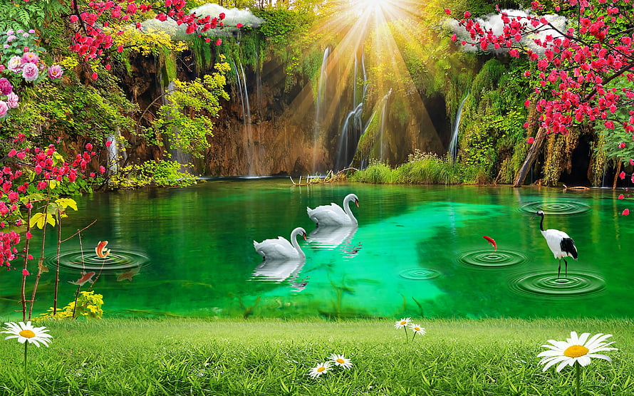 Serene Emerald Lake with Waterfall, Swans, and Sunbeams in a Lush Garden HD wallpaper