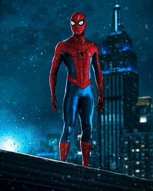 Spider-Man Standing on Rooftop in Snowy New York City Night Scene HD phone wallpaper