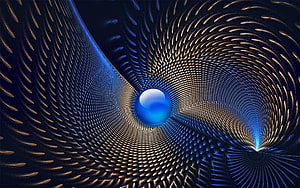 Spiraling Golden and Blue Abstract Pattern with Central Sphere HD wallpaper