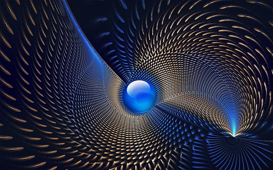 Spiraling Golden and Blue Abstract Pattern with Central Sphere HD wallpaper