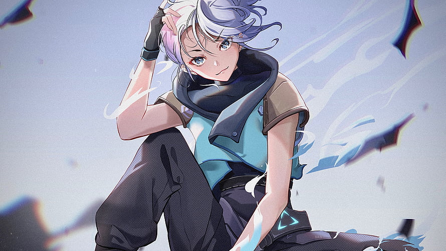 Jett from Valorant in a dynamic anime-style pose with flowing silver hair and tactical gear HD wallpaper