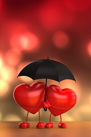 Two glossy red 3D hearts holding a black umbrella against a warm bokeh background HD phone wallpaper