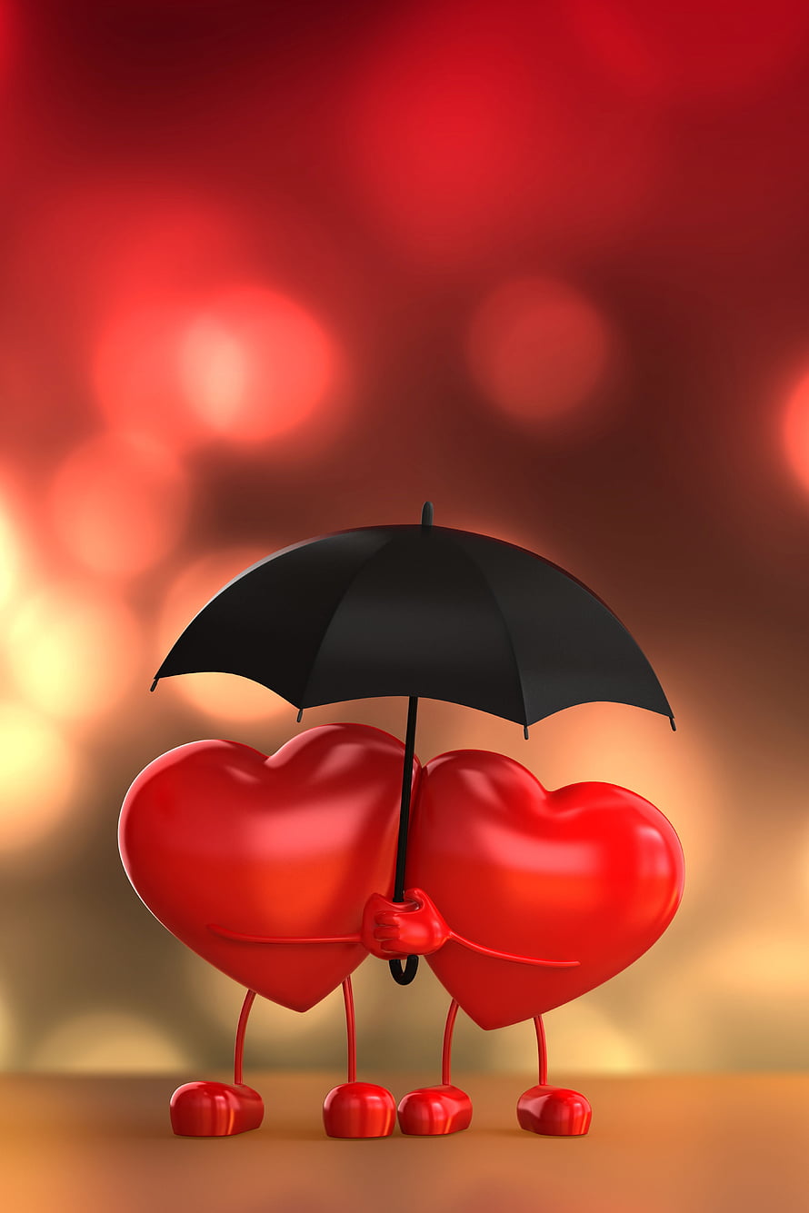 Two glossy red 3D hearts holding a black umbrella against a warm bokeh background HD phone wallpaper