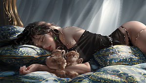 Wlop Fantasy Art: Sleeping Princess Embracing Lion Cubs in Ornate Bed HD wallpaper