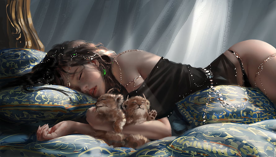 Wlop Fantasy Art: Sleeping Princess Embracing Lion Cubs in Ornate Bed HD wallpaper
