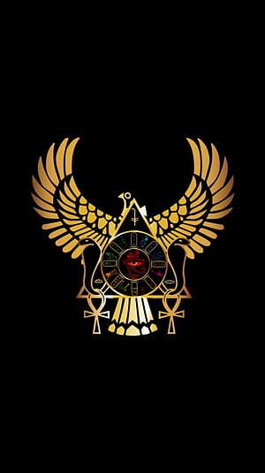 Golden Egyptian Winged Scarab with Eye of Horus and Ankh Symbols on Black Background HD phone wallpaper
