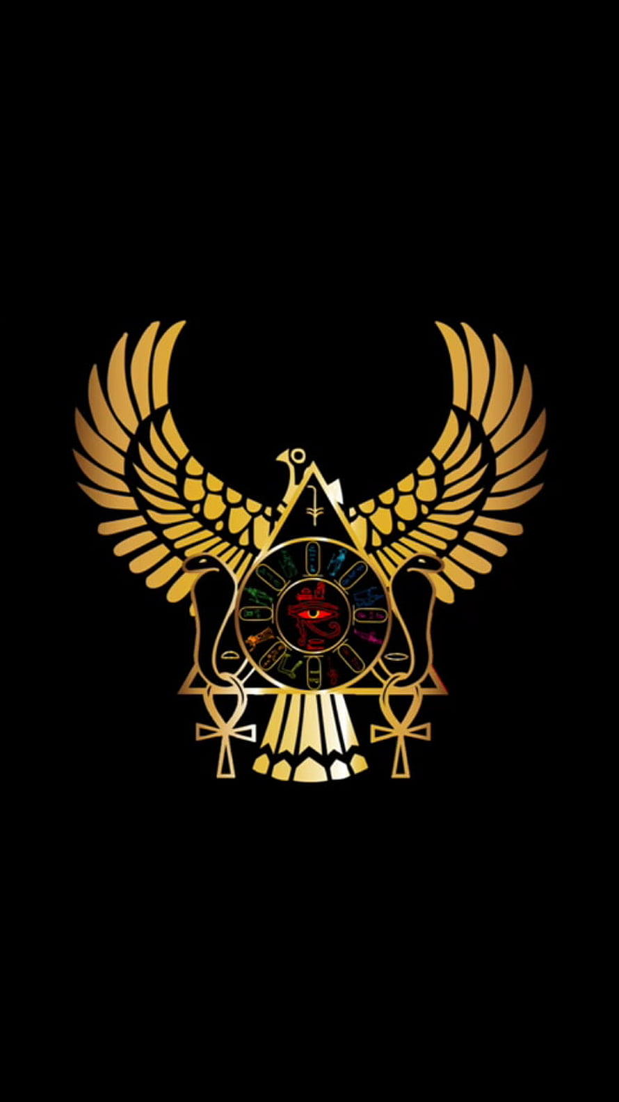 Golden Egyptian Winged Scarab with Eye of Horus and Ankh Symbols on Black Background HD phone wallpaper