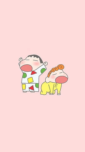 Crayon Shin-chan and Himeko Stretching in Cute Pajamas on Soft Pink Background HD phone wallpaper