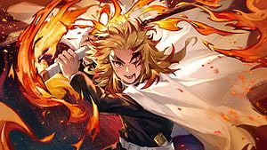 Kyojuro Rengoku Wielding Flame Katana in Demon Slayer Anime Artwork HD wallpaper