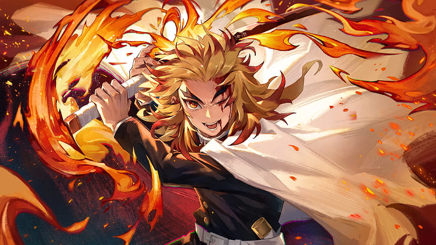 Kyojuro Rengoku Wielding Flame Katana in Demon Slayer Anime Artwork HD wallpaper
