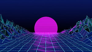 Retro Synthwave Sunset with Neon Wireframe Mountains and Grid Landscape HD wallpaper