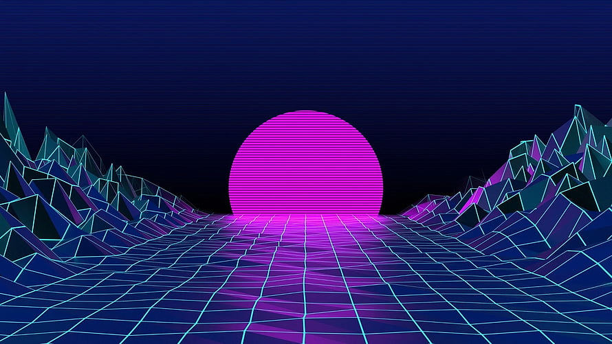 Retro Synthwave Sunset with Neon Wireframe Mountains and Grid Landscape HD wallpaper
