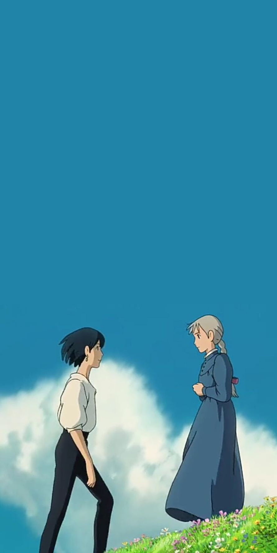 Howl's Moving Castle Anime Scene of Sophie and Howl on a Flowering Hill Under a Blue Sky HD phone wallpaper