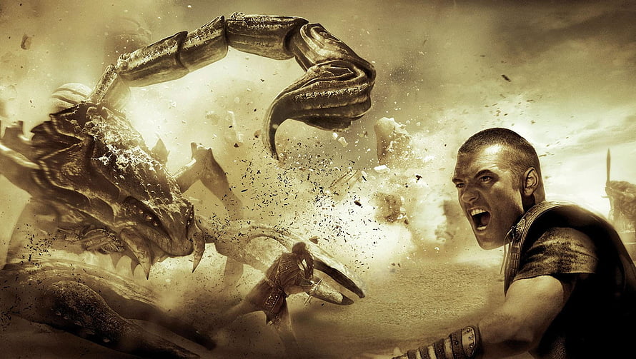 Clash of the Titans warrior battling a giant mechanical scorpion in a dusty arena HD wallpaper