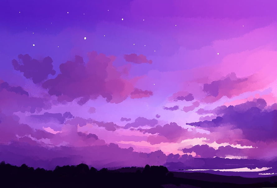 Dreamy Purple Twilight Sky with Soft Clouds and Starry Night Landscape HD wallpaper