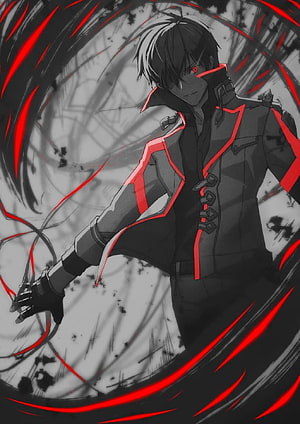 Anos Voldigoad Anime Character in Dark Tactical Gear with Red Energy Effects HD phone wallpaper