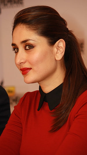 Kareena Kapoor in a red top with black collar and bold red lipstick HD phone wallpaper