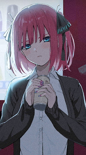 Nino Nakano Anime Character Holding A Drink In A Dark Cardigan HD phone wallpaper