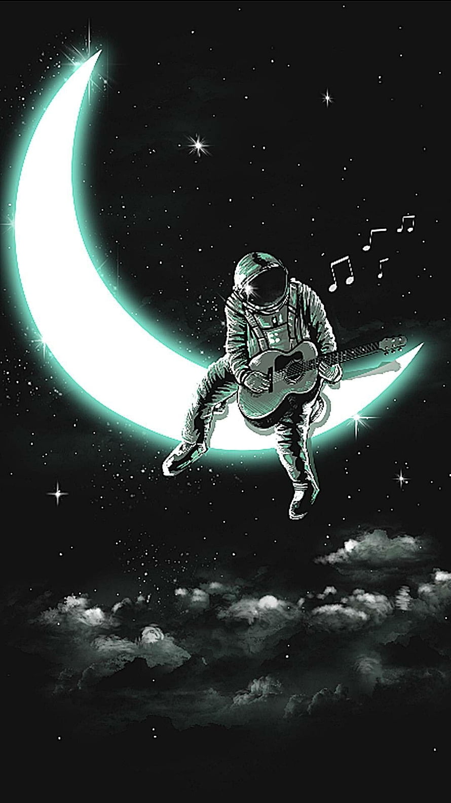 Astronaut Playing Acoustic Guitar on a Glowing Crescent Moon in a Starry Night Sky HD phone wallpaper