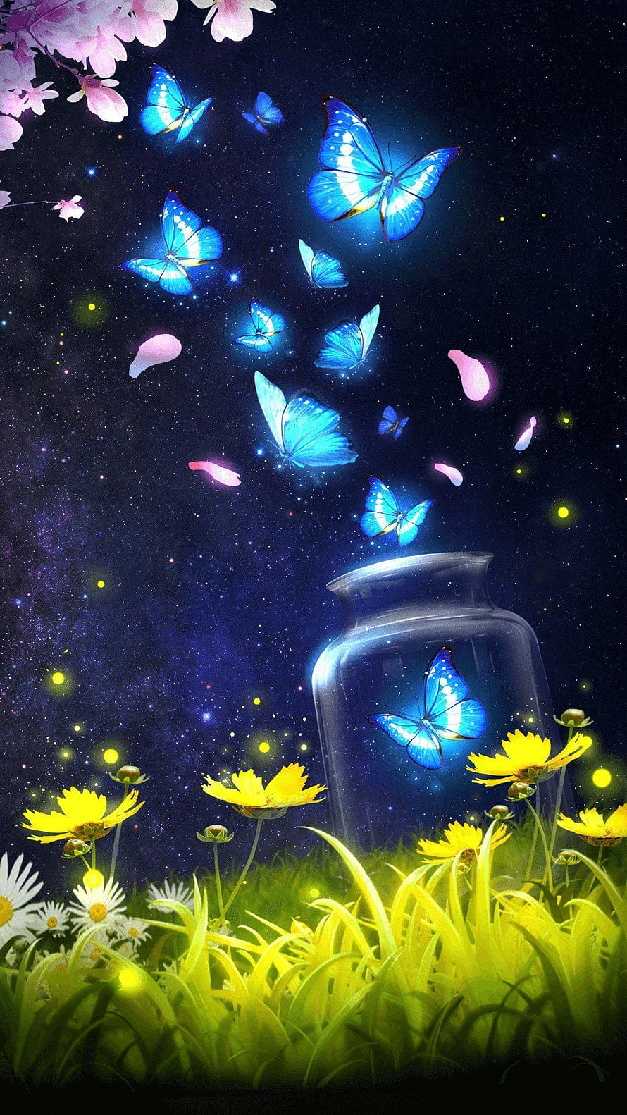 Glowing Turquoise Butterflies Escaping a Glass Jar Under a Starry Night Sky HD phone wallpaper