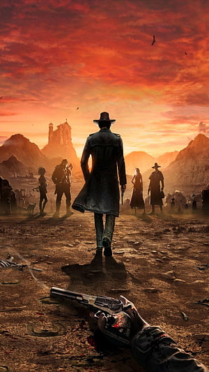 Red Dead Redemption 2 Western Gang Walking Through Desert Sunset HD phone wallpaper