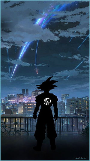 Son Goku Silhouette Watching Meteor Shower Over City Skyline at Night HD phone wallpaper