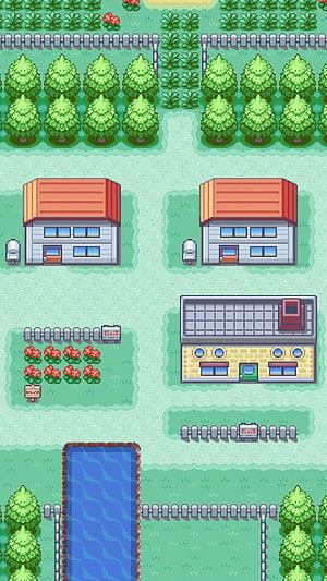 Pallet Town Pixel Art Map with Houses, Flower Garden, and Pond in Pokemon Style HD phone wallpaper