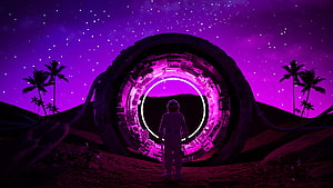 Cosmonaut Standing Before Glowing Portal in Purple Alien Landscape with Palm Trees HD wallpaper