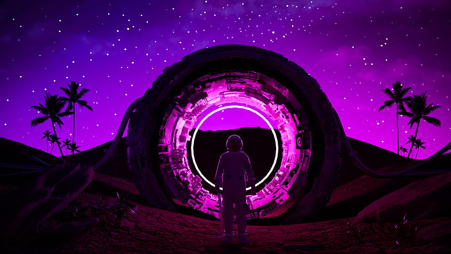 Cosmonaut Standing Before Glowing Portal in Purple Alien Landscape with Palm Trees HD wallpaper