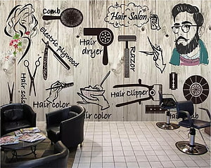 Custom Nordic Style Hair Salon Wall Mural With Barber Tools And Illustrations HD wallpaper