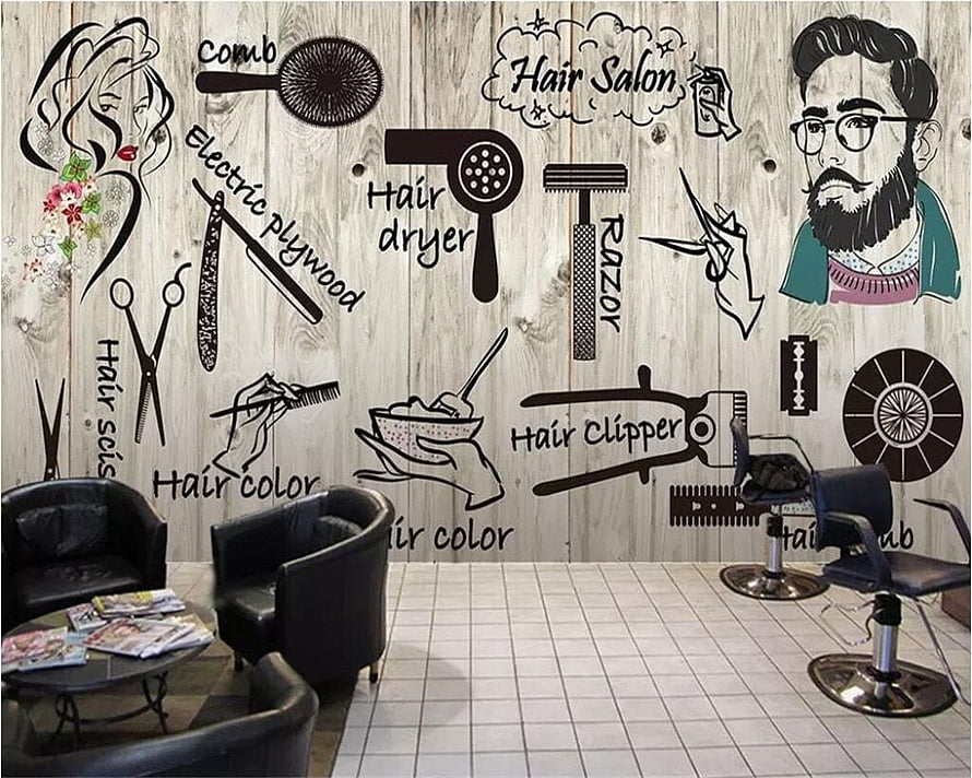 Custom Nordic Style Hair Salon Wall Mural With Barber Tools And Illustrations HD wallpaper