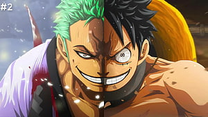One Piece Anime Split Face Art Featuring Roronoa Zoro and Monkey D Luffy HD wallpaper