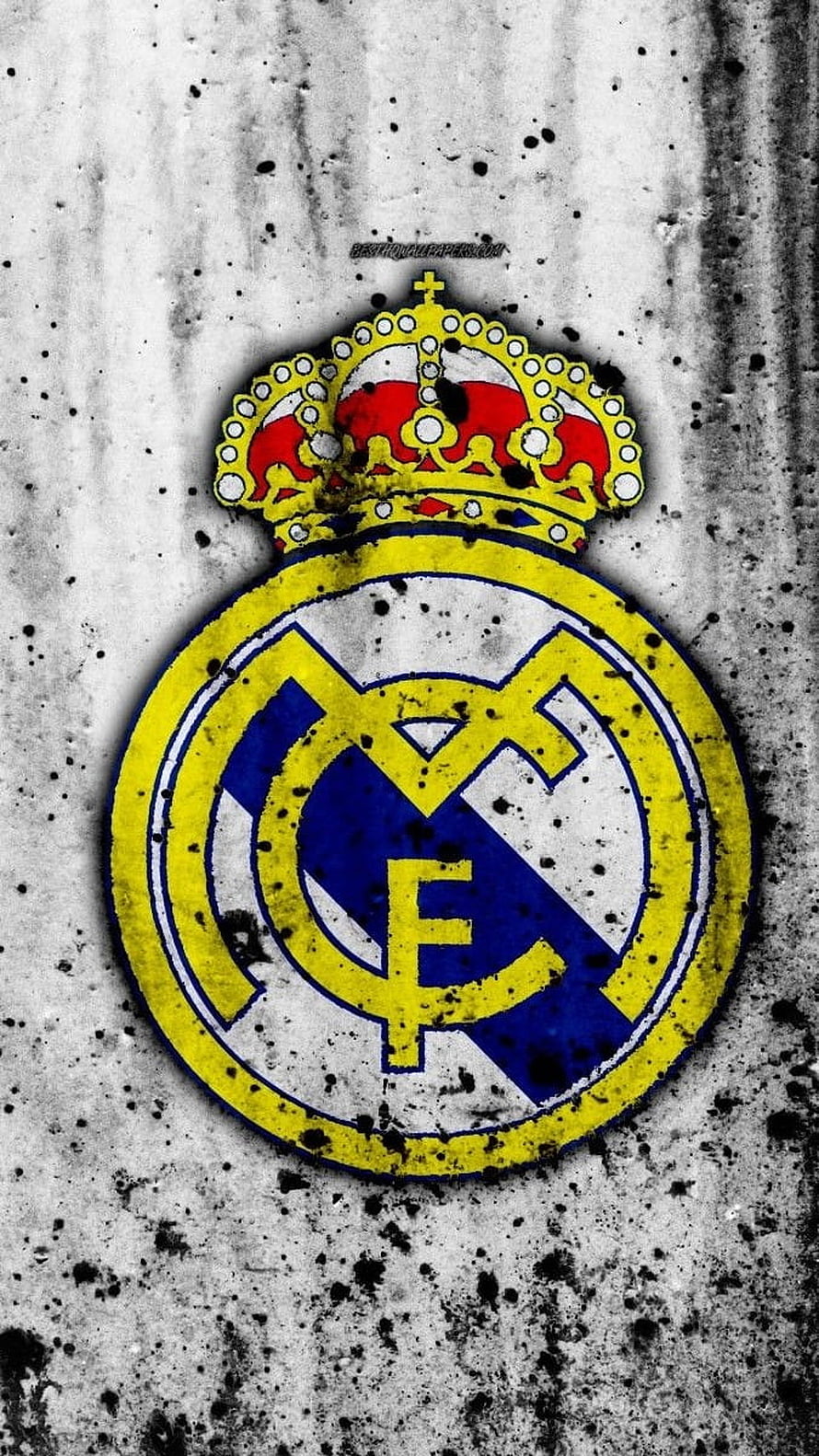 Real Madrid Club de Fútbol Crest on Grungy Concrete Background HD phone wallpaper