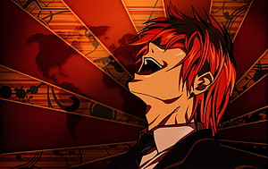 Yagami Light from Death Note in a dramatic red and black anime portrait with intense expression HD wallpaper