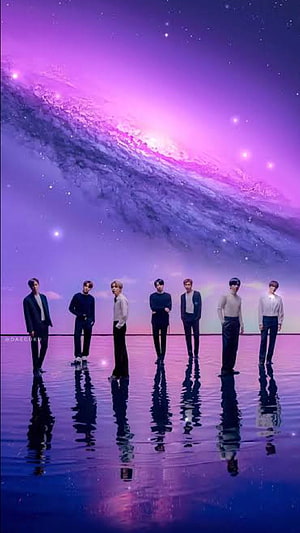 BTS Members Standing in a Row on a Reflective Surface Under a Purple Nebula Sky HD phone wallpaper