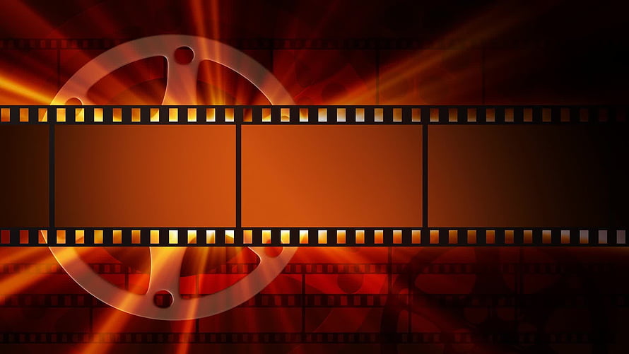 Cinematic Film Reel and Strip Design with Warm Orange Light Rays and Dark Background HD wallpaper