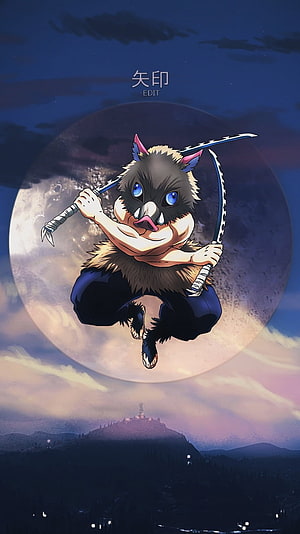 Inosuke Hashibira from Demon Slayer Leaping with Katana Against a Full Moon HD phone wallpaper