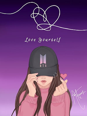 BTS Fan Girl Illustration Wearing Black Cap and Pink Sweater with Purple Background HD phone wallpaper