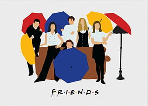 Friends TV Show Minimalist Poster with Colorful Umbrellas and Group Illustration HD wallpaper