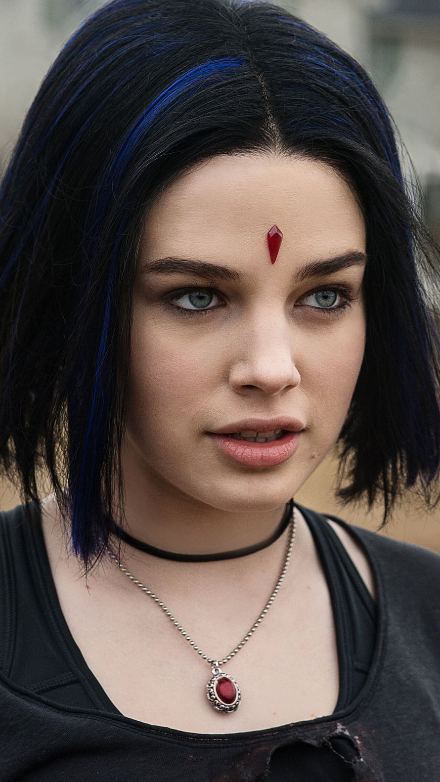 Teagan Croft Character Portrait with Blue Hair Streaks and Red Gem Necklace HD phone wallpaper