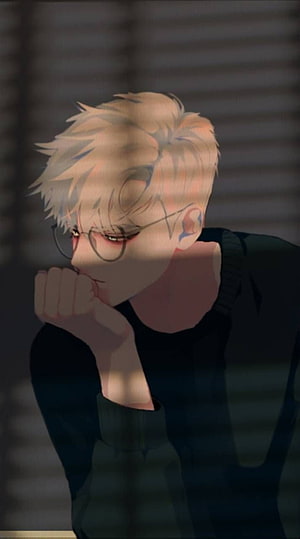 Melancholic Anime Boy With Glasses And Blonde Hair In Shadowed Room HD phone wallpaper